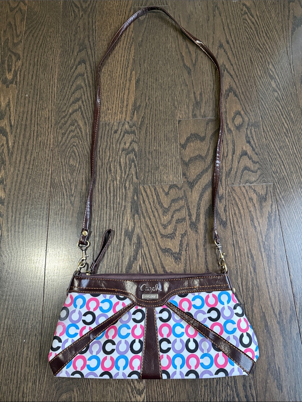 Vintage Y2K Coach Multicolor Pattern Crossbody Bag in Brown Leather Trim
